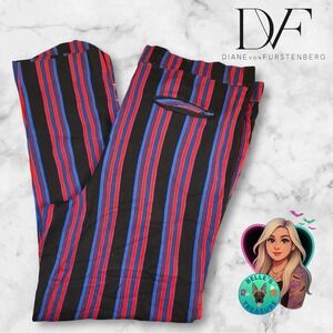 Diane Von Furstenberg DVF Womens 14 Striped Black Red Blue Wide Leg Pants Luxury